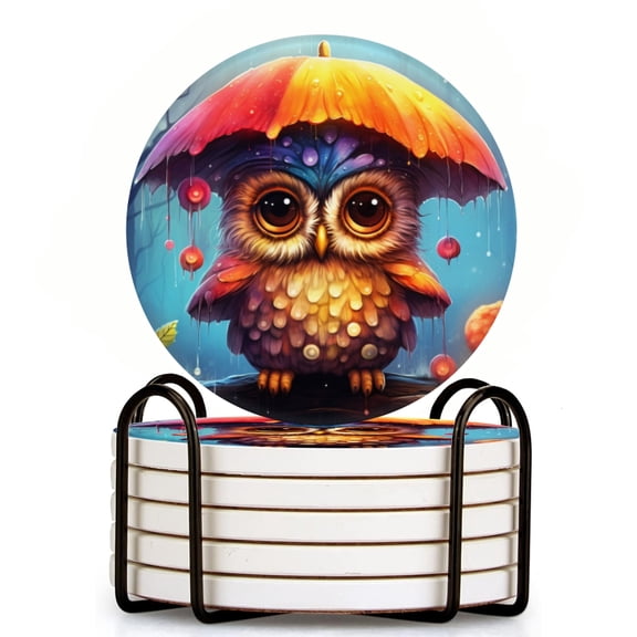Cute Owl Stands Under UmbrellIn The Rain Set of 6 Ceramic Coasters with Holder, Absorbent Drink Bar Coasters, Table Coasters for Living Room Decor Tabletop Protection