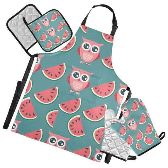 Cute Owl and Watermelon 5 Pcs Kitchen Set Heat Resistant Oven Mitts and Non-Slip Pot Holders with Adjustable Cooking Apron