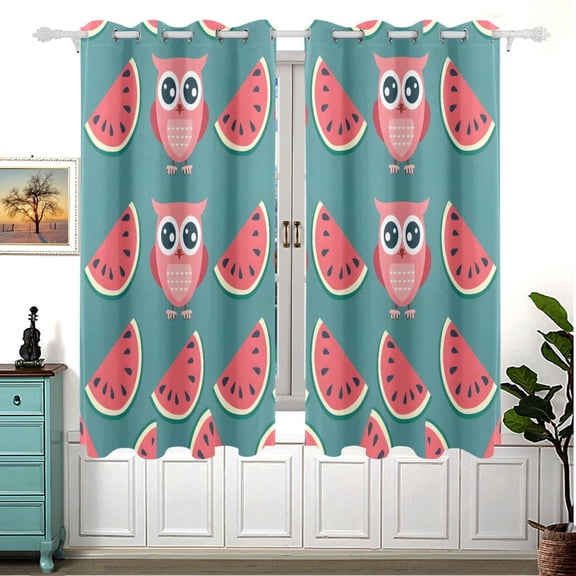Cute Owl and Watermelon Blackout Curtains 2 Panels Set Grommet Drapes for Bedroom Living Room W55xL63