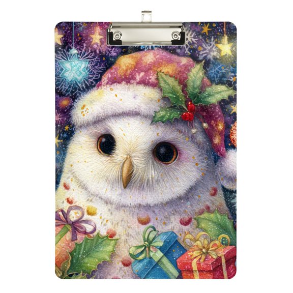 Cute Owl in Christmas with Many Gifts Acrylic Clipboard Drawing Board with Hook Writing Pad File Storage A4 Size Silver 12.5" x 9"