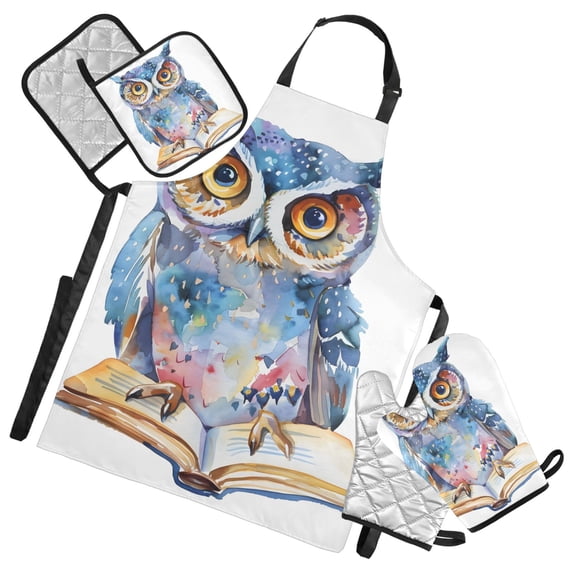 Cute Owl on Book 5 Pcs Kitchen Set Heat Resistant Oven Mitts and Non-Slip Pot Holders with Adjustable Cooking Apron
