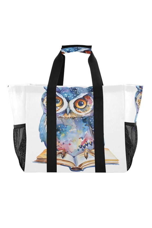 Cute Owl on Book Reusable Grocery Bags with Handle Side Pocket Waterproof Shopping Portable Tote