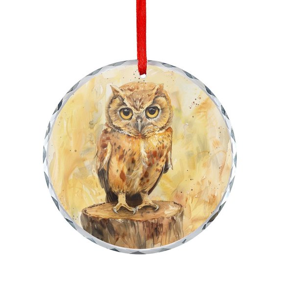 Cute Owl on Tree Stump Glass Christmas Ornament Gifts for Owl Lovers Crystal Glass Christmas Decor with Holiday Design Holiday Present Ideas