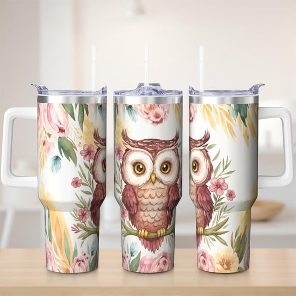 Cute Owl tumbler 40 oz tumbler with handle and straw 304 stainless steel travel cup coffee mug water bottle suitable as a gifts for women mom gifts gift for Owl lovers