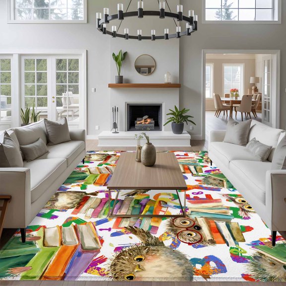 Cute Owls 8x10 Area Rug for Living Room Sectional Sofa, Green Books Hedgehog Colored Letter Bird Abstract Art Washable Non Slip Large Rectangle Area Rug