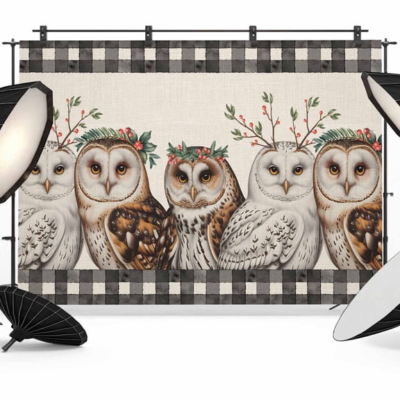 Cute Owls Backdrop for Photography,Fabric Photo Background Backdrop,Winter Animals Berry Vintage Black Plaid Beige Photo Booth Background for Portrait Photoshoot Video Wedding Studio Banner 7x5ft