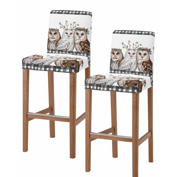 Cute Owls Bar Stool Covers Set of 2, Winter Vintage Animals Berry Black Plaid Stretch Washable Bar Chair Covers with Backs, Removable Pub Counter Height Chair Cover for Kitchen Dining Room Cafe