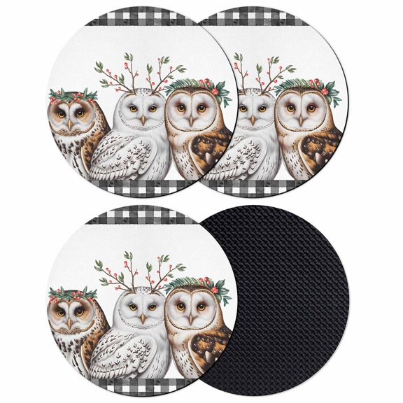 Cute Owls Coasters Set of 4, Absorbent Coasters for Drinks, Winter Vintage Animals Berry Black Plaid Coaster for Desk Coffee Table Protection, Home Decor House Warming Gifts 4"