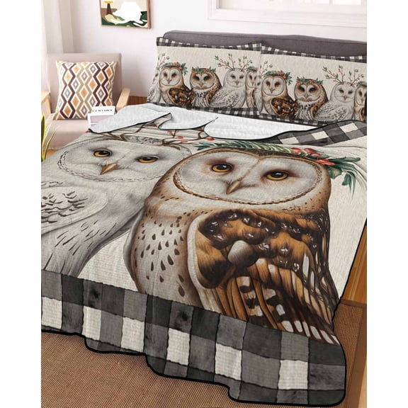 Cute Owls Full Size Down Alternative Comforter, Lightweight Comforter Quilt Bedding Set with Pillow Shams Winter Animals Berry Vintage Black Plaid Beige All Seasons Bed Comforter Duvet Insert 78"x90"