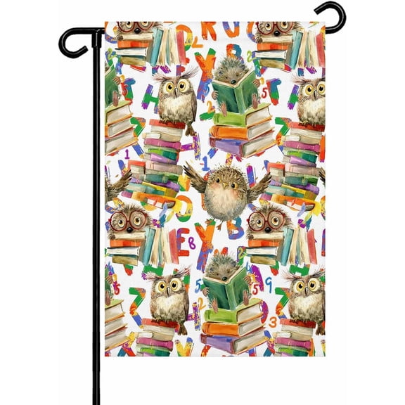 Cute Owls Garden Flag 12x18 Inch Green Books Hedgehog Colored Letter Bird Abstract Art Double Sided Yard Flags for Outdoor Decoration Welcome Flag Outside Holiday Home Garden Porch lawn Patio Sign