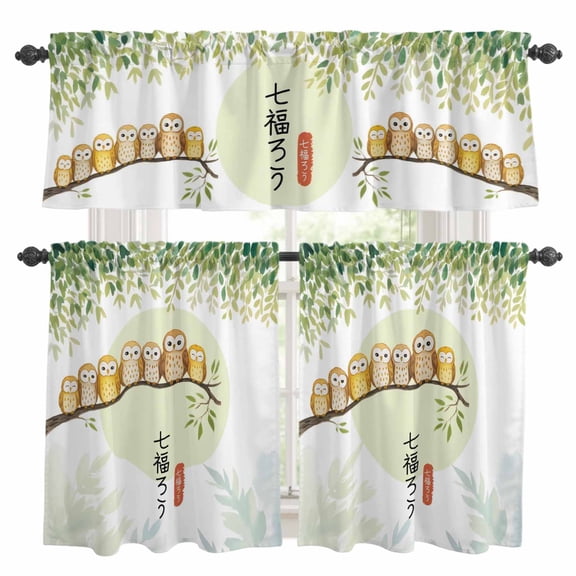 Cute Owls Harmony Kitchen Curtains Sets for Windows 24 Inch Length, Branch Green Leaves Country Rustic Rod Pocket Window Treatments Tier Curtains and Valances Set for Bedroom/Bathroom
