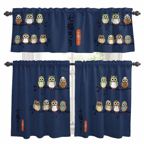 Cute Owls Harmony Kitchen Curtains Sets for Windows 24 Inch Length, Japanese Cartoon Birds Navy Rod Pocket Window Treatments Tier Curtains and Valances Set for Bedroom/Bathroom