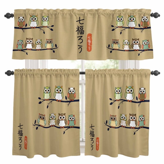 Cute Owls Harmony Kitchen Curtains Sets for Windows 36 Inch Length, Japanese Cartoon Branch Brown Rod Pocket Window Treatments Tier Curtains and Valances Set for Bedroom/Bathroom