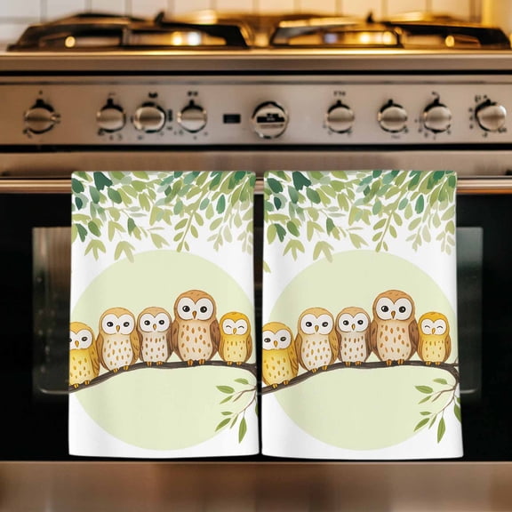Cute Owls Harmony Kitchen Towels Set of 1, Branch Green Leaves Country Rustic Absorbent Dish Towels for Kitchen, Microfiber Hand Towel, Quick Drying Tea Towel for Cleaning Decorative Dishcloths