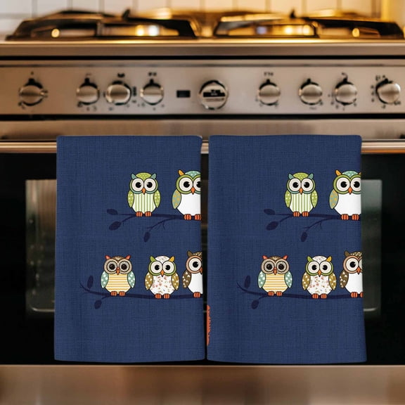 Cute Owls Harmony Kitchen Towels Set of 1, Japanese Cartoon Birds Navy Absorbent Dish Towels for Kitchen, Microfiber Hand Towel, Quick Drying Tea Towel for Cleaning Decorative Dishcloths