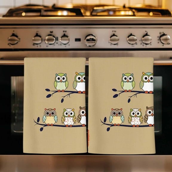 Cute Owls Harmony Kitchen Towels Set of 1, Japanese Cartoon Branch Brown Absorbent Dish Towels for Kitchen, Microfiber Hand Towel, Quick Drying Tea Towel for Cleaning Decorative Dishcloths