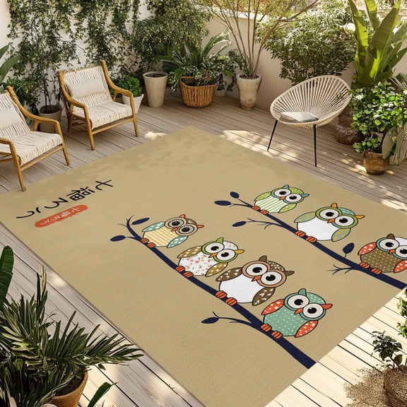 Cute Owls Harmony Outdoor Rug 5x7 Ft - Reversible Patio Rug Outdoor Camping Rugs, Japanese Cartoon Branch Brown Washable Indoor Outdoor Area Rugs, Non-Slip Outdoor Carpet Runner for Deck/Porch