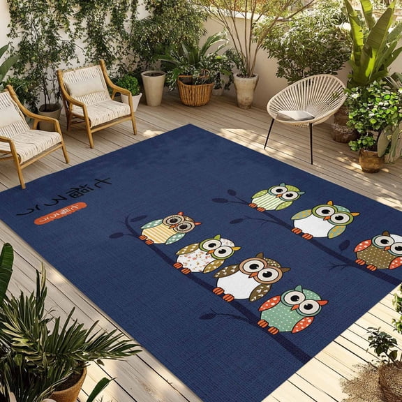 Cute Owls Harmony Outdoor Rug 5x8 Ft - Reversible Patio Rug Outdoor Camping Rugs, Japanese Cartoon Birds Navy Washable Indoor Outdoor Area Rugs, Non-Slip Outdoor Carpet Runner for Deck/Porch