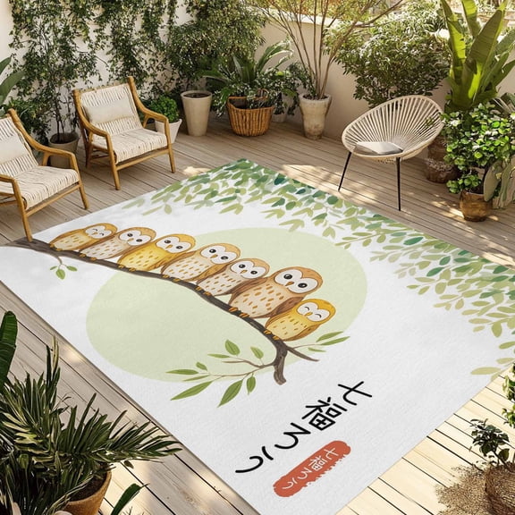 Cute Owls Harmony Outdoor Rug 6x9 Ft - Reversible Patio Rug Outdoor Camping Rugs, Branch Green Leaves Country Rustic Washable Indoor Outdoor Area Rugs, Non-Slip Outdoor Carpet Runner for Deck/Porch