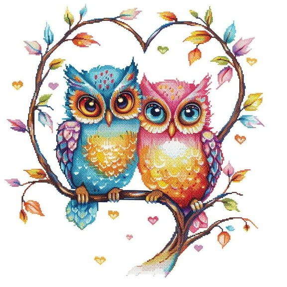 Cute Owls on Heartshaped Tree Branch DIY 11CT Stamped Cross Stitch Kits for Beginners Easy Needlepoint Embroidery Counted Cross Stitch Art Craft for Wall Decoration 14x14inch(3)