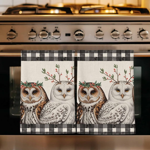 Cute Owls Kitchen Towels Set of 4, Winter Animals Berry Vintage Black Plaid Beige Absorbent Dish Towels for Kitchen, Microfiber Hand Towel, Quick Drying Tea Towel for Cleaning Decorative Dishcloths