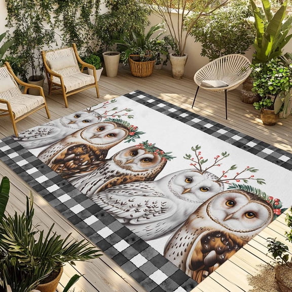 Cute Owls Outdoor Rug 5x8 Ft - Reversible Patio Rug Outdoor Camping Rugs, Winter Vintage Animals Berry Black Plaid Washable Indoor Outdoor Area Rugs, Non-Slip Outdoor Carpet Runner for Deck/Porch