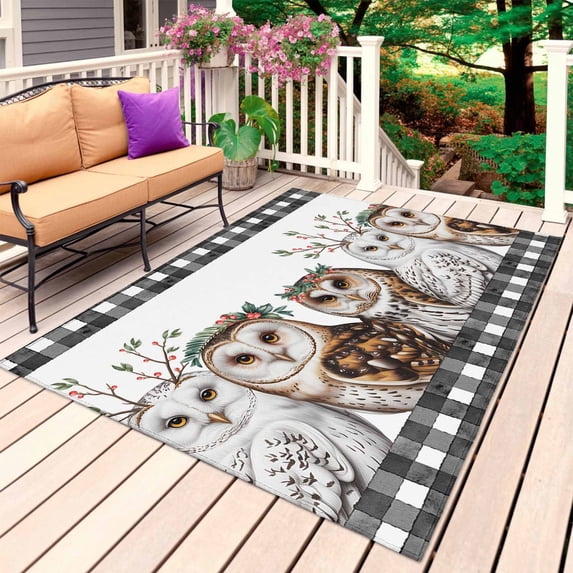Cute Owls Outdoor Rug 6x9 Ft, Non Slip Washable Area Rug, Winter Vintage Animals Berry Black Plaid Patio Rugs Carpet Runner, Large Floor Mat for Indoor/Outdoor Deck Porch Camping