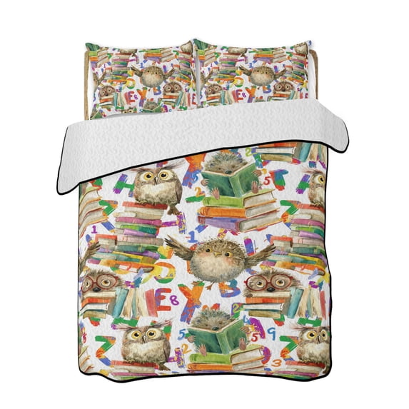 Cute Owls Quilts Bedding Set King Size Green Books Hedgehog Colored ...