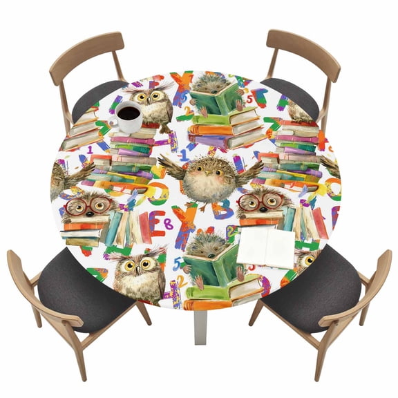 Cute Owls Round Fitted Tablecloth with Elastic Edge Green Books Hedgehog Colored Letter Bird Abstract Art Table Cover Fit for 45"-54" Tables Waterproof Tablecloths for Dinner Camping Picnic