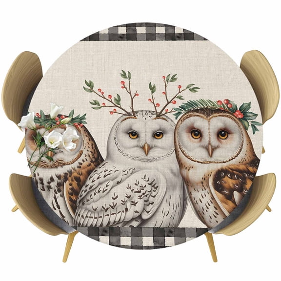 Cute Owls Round Tablecloth, Fitted Table Cover with Elastic for 36"-44" Round Tables, Winter Animals Berry Vintage Black Plaid Beige Table Cloth Outdoor Indoor Dinning Party Waterproof Tablecloths