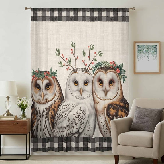 Cute Owls Sheer Curtains 72 Inches Long, Winter Animals Berry Vintage Black Plaid Beige Light Filering Curtains, Breathable Simi Curtain Privacy Drapes for Living Room Bedroom Window Treatment
