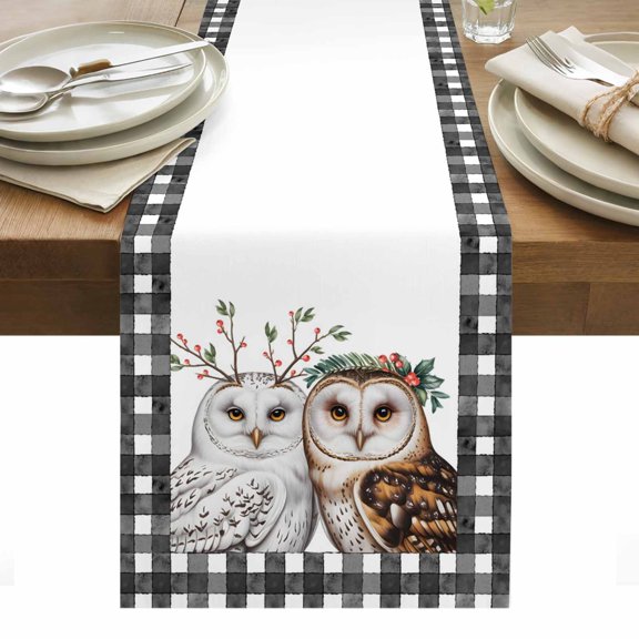Cute Owls Table Runner - 70 Inch Long, Kitchen Dining Table Runner Dresser Scarves, Winter Vintage Animals Berry Black Plaid Farmhouse Decor for Coffee Tables Wedding Party Banquet