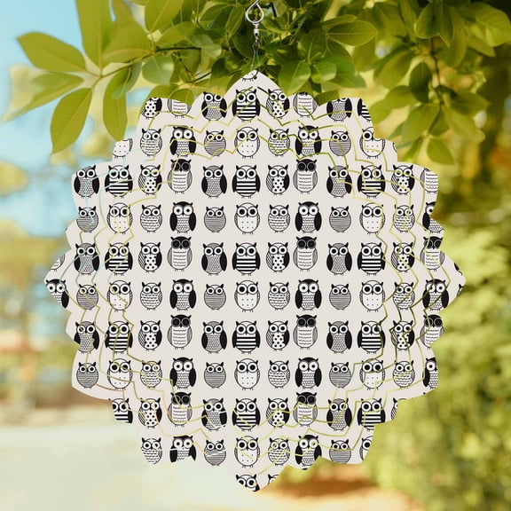 Cute Owls Wind Spinner for Garden Yard 8In, Animals Short Paintings Beige Background 3D Stainless Steel Kinetic Hanging Wind Spinners Rustproof Outdoor Decor for Lawn Patio Home