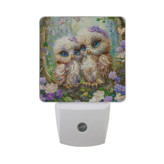 Cute Owls in Forest Night Light 2 Pack LED Nightlight Plug into Wall Dusk to Dawn Sensor Soft White