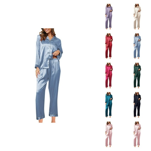 Cute Pajama Set – Cotton Shorts for Women Women's Fashionable Pajama Set Silk Pajamas 2 Piece Satin Pajama Set Long Sleeve Button Down Casual Suit With Pants