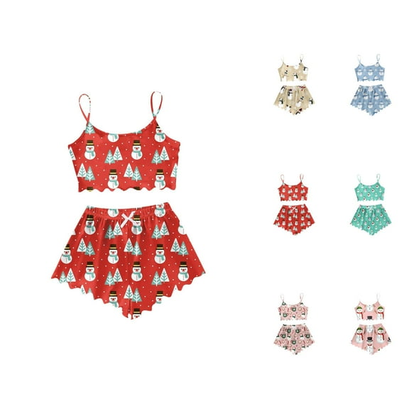 Cute Pajama Set – Cotton Shorts for Women Women's Snowman Print Sleeveless Vest & Shorts Set Lightweight Sleepwear Two Piece