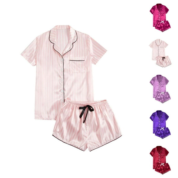 Cute Pajama Set – Womens Summer Maternity Sleepwear Women's Casual Solid Silk Satin Pajama Set Short Sleeve Button Up Top & Shorts Sleepwear
