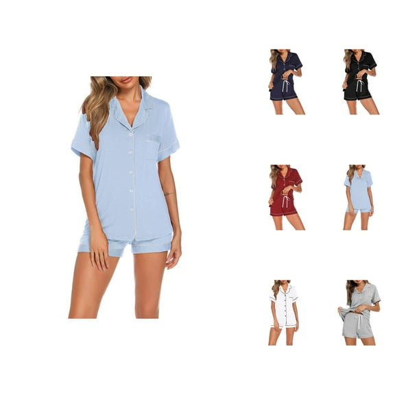 Cute Pajama Set for Women – 2 Piece Lace Sleepwear Women's Pajama Set Two Piece Casual Set Short Sleeved Top And Shorts Soft Pajama Chest Pocket
