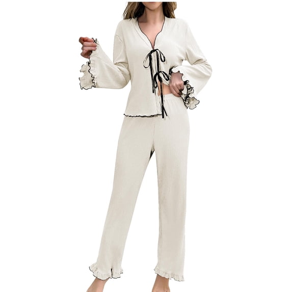 Cute Pajama Sets For Women Sevevn Women Pajama Sets 2 Piece Tie Front Long Sleeve Lace V Neck Loose Blouse And Long Pants Pajamas Suit