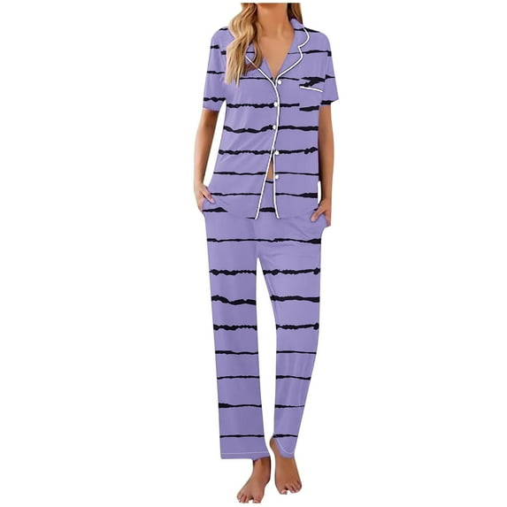 Cute Pajama Sets for Women New Womens Fashion Pajamas Set Striped Pjs Soft Button down Sleepwear Short Sleeve Nightwear with Stripe Long Pants Ladies Pajamas Sets Purple XXL