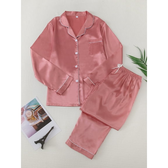 Cute Pajama Sets for Women Silk Satin Button Solid Color Print Long Sleeve Top And Pant Pj Set Soft Loungewear Two Piece Holiday Sleepwear Sets Pink S