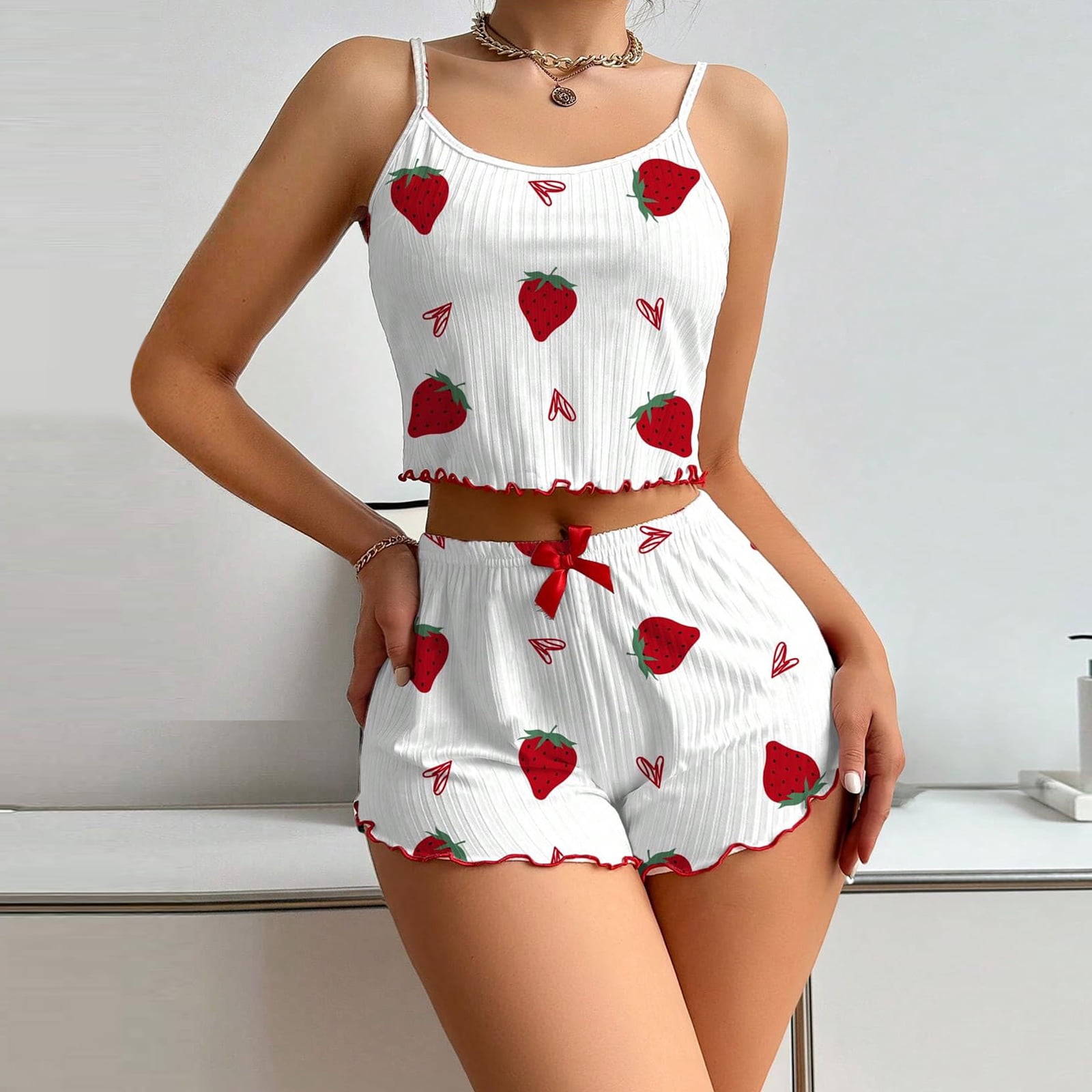 Cute Pajama Sets for Women- 2 Piece Cute Heart Print Summer Cami Top ...