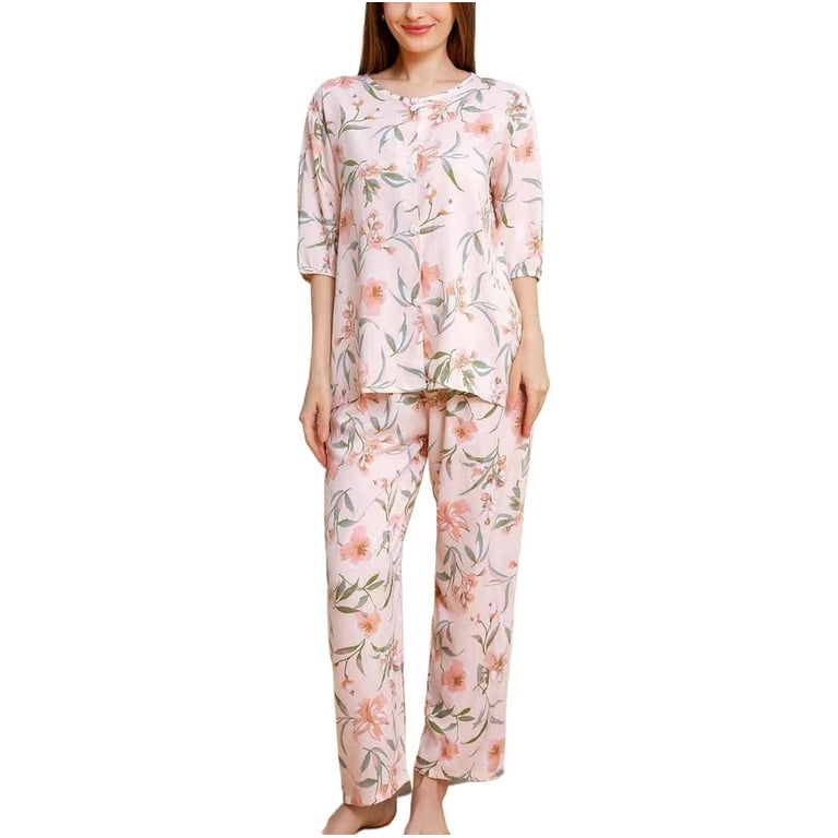 【MOODMOON】Army Flower Yoru Cotton Long Sleeve Pajama Set Cute Pajama Sets for Women Cotton 2 Piece Outfits 3/4 Sleeve