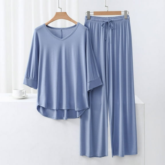 Cute Pajama Sets for Women Solid Color Print Long Sleeve Top And Pant Pj Set Sleepwear Soft 2 Piece Outfits Loungewear Sets Light Blue L
