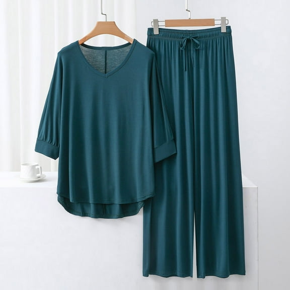 Cute Pajama Sets for Women Solid Color Print Long Sleeve Top And Pant Pj Set Soft Sleepwear 2 Piece Outfits Loungewear Sets Dark Green XL
