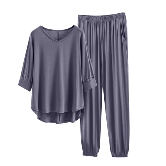 Cute Pajama Sets for Women Summer Lounge Sets 2 Piece Outfits Half Sleeve V Neck Summer Top Wide Leg Pants Tracksuit