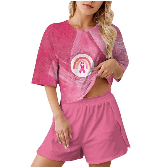 Cute Pajamas Set for Women Breast Cancer Sleepwear Pjs Round Neck Tops Shorts Soft 2 Piece Lounge Sets, L
