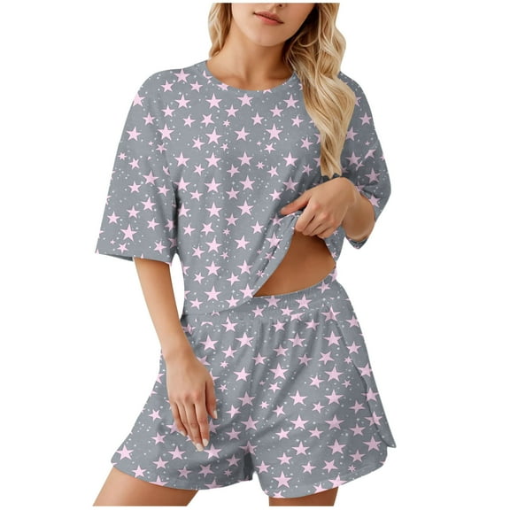 Cute Pajamas Set for Women Short Sleeve Sleepwear Pjs Round Neck Pullover Tops Shorts Soft 2 Piece Lounge Sets, S