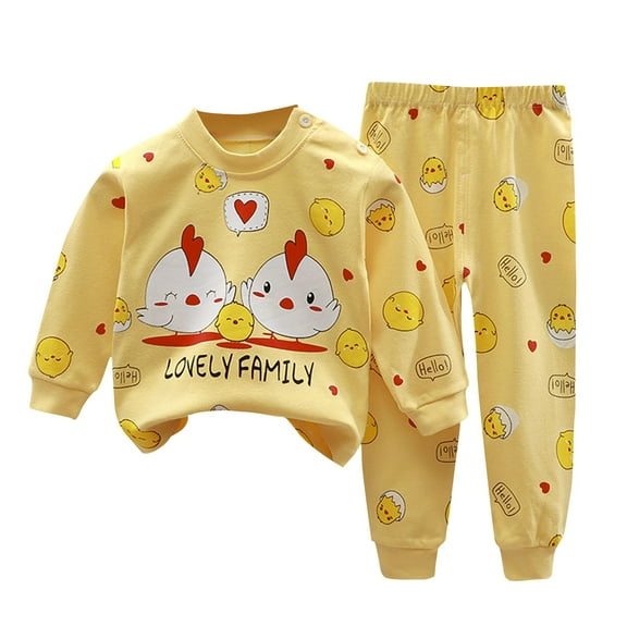 Cute Pajamas for Girls Size 7-8 Boys Cotton Print Shoulder Button Shirt Pants Sleepwear Underwear Kids Pj Clothes Set, Yellow, 2 Years
