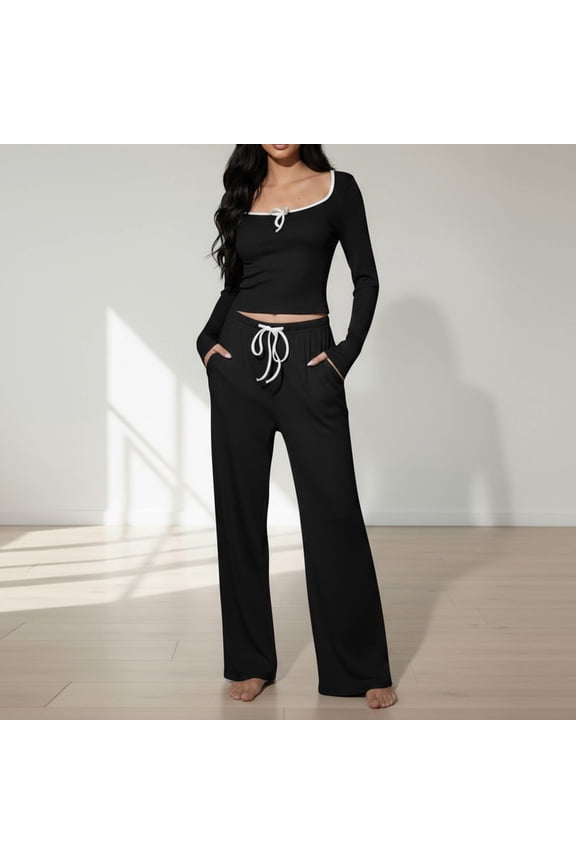 Cute Pajamas for Juniors High Waisted Low Rise Bell Sleeve Ribbed Knit Warm Comfy Elastic Drawstring Night Sleepwear